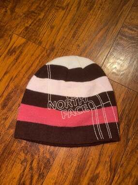 The North Face Striped Brown Pink Ivory Knit Beanie Hat One Size
